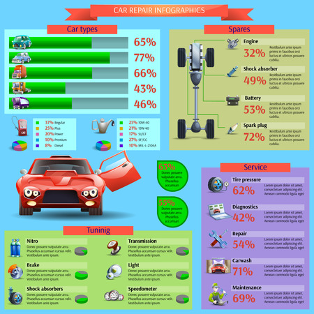 Car repair and tuning infographic set with diagnostics service and spares cartoon vector illustrationのイラスト素材