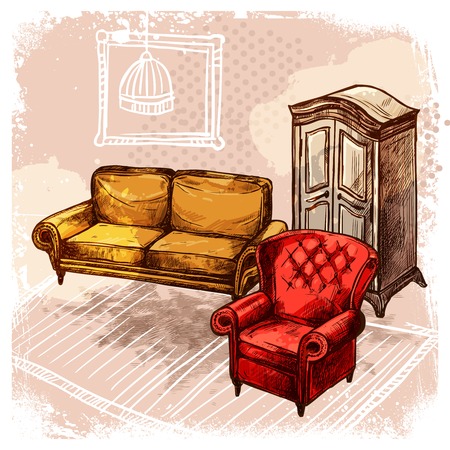 Retro room interior with old style sketch furniture vector illustrationのイラスト素材