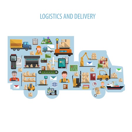 Warehouse concept with logistics and delivery flat icons in a truck shape vector illustrationのイラスト素材