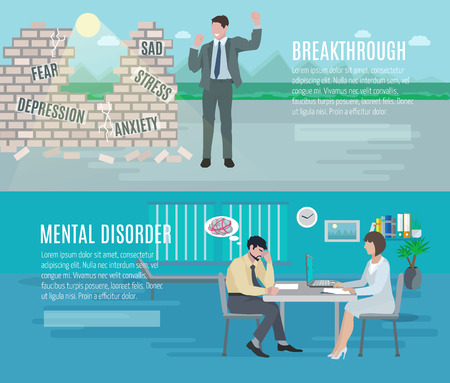 Mental health anxiety disorder breakthrough with psychiatrist counseling 2 flat horizontal banners set abstract isolated vector illustrationのイラスト素材