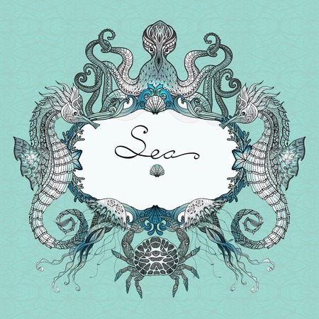 Sea life badge with hand drawn octopus crab and jelly fish vector illustrationのイラスト素材