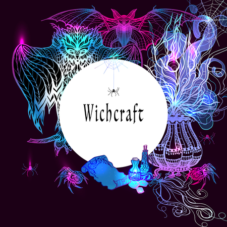 Vintage witchcraft frame with hand drawn magic ritual animals and symbols vector illustrationのイラスト素材