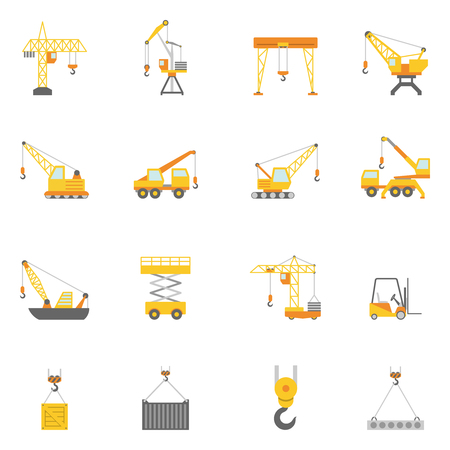 Cranes in construction industry flat icons set with truck mounted and tower crane abstract isolated vector illustrationのイラスト素材