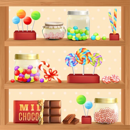 Sweet store shelf with bonbons chocolate and lollipops vector illustrationのイラスト素材