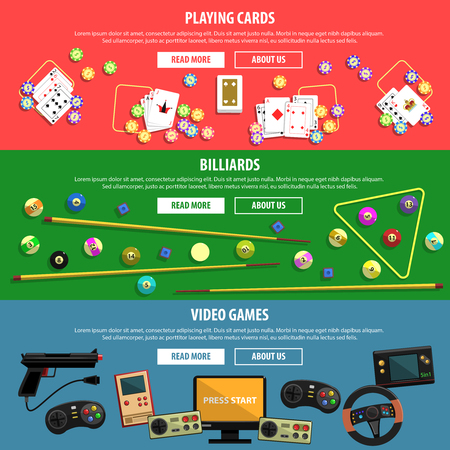 Games horizontal banners set with playing cards billiards and video flat isolated vector illustrationのイラスト素材