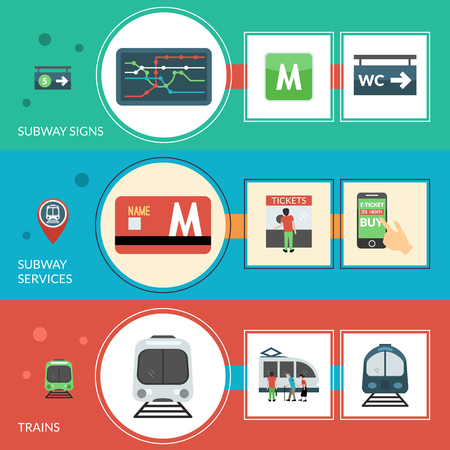 Subway horizontal banner set with signs and services elements isolated vector illustrationのイラスト素材