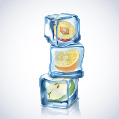 Realistic ice cubes with fruits inside on white background vector illustrationのイラスト素材