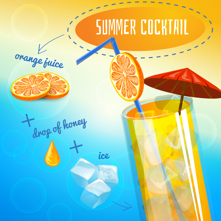 Summer cocktail recipe with orange juice drop of honey and ice cartoon vector illustrationのイラスト素材