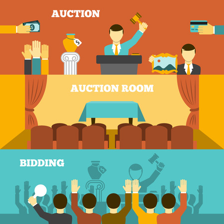 Auction horizontal banners set with room and bidding flat isolated vector illustrationのイラスト素材
