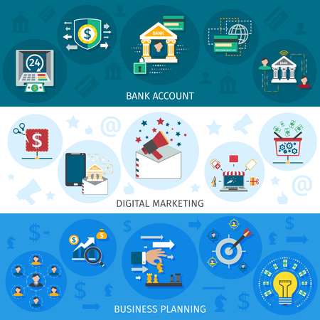 Banking marketing horizontal banners set with business planning and accounts flat isolated vector illustrationのイラスト素材