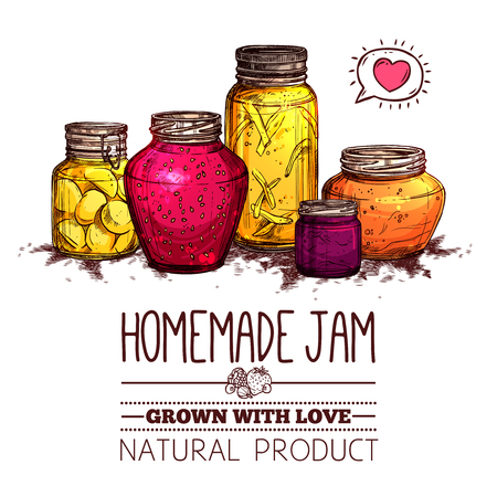 Homemade jam poster with hand drawn glass jars set vector illustrationのイラスト素材