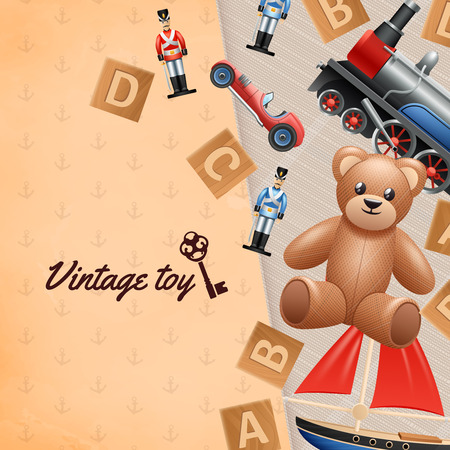 Vintage toys realistic background with toy soldier car and teddy bear vector illustrationのイラスト素材