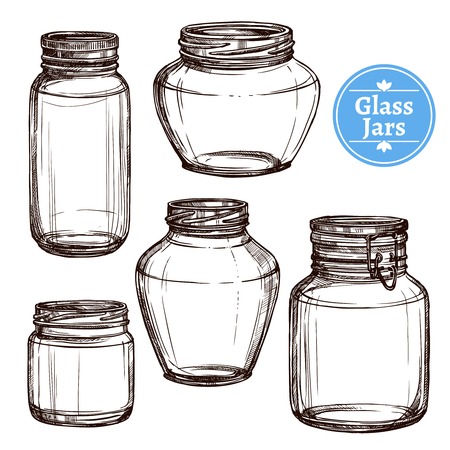 Hand drawn old style glass jars set isolated vector illustrationのイラスト素材