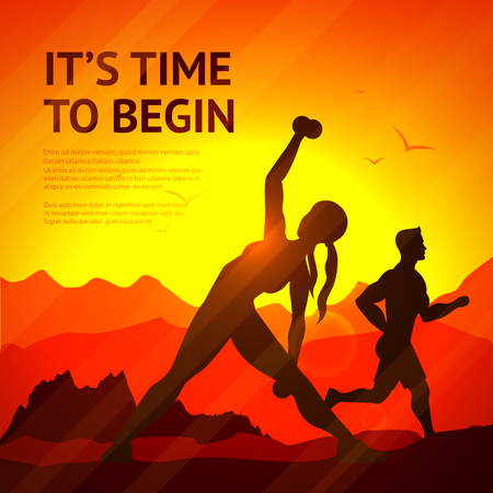 People doing jogging and weight lifting sport workout on sunset background vector illustrationのイラスト素材