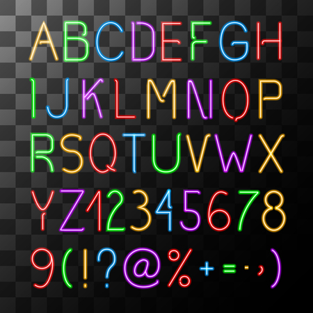 Neon alphabet set with letters numbers and symbols on transparent background isolated vector illustrationのイラスト素材