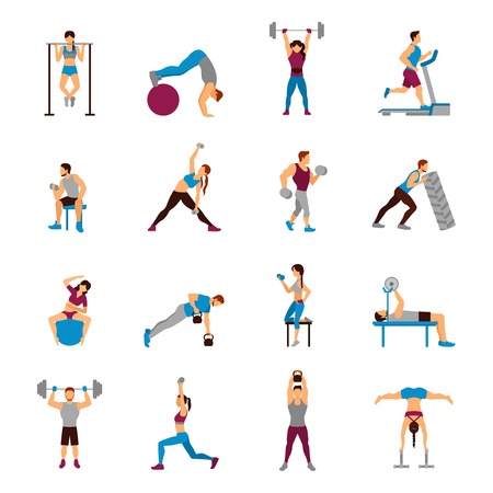 Strength training workout set with flat male and female sporty figures isolated vector illustrationのイラスト素材