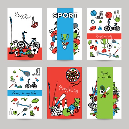 Sport vertical paper banner set with sketch game equipment isolated vector illustrationのイラスト素材