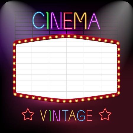 Cinema premiere vintage advetrising neon lights sign board vector illustrationのイラスト素材