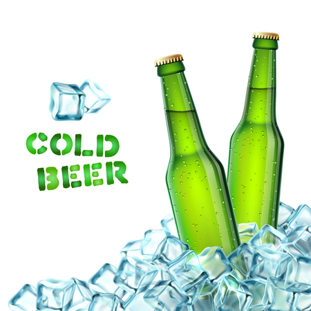 Realistic green beer bottles in ice cubes decorative icons vector illustrationのイラスト素材