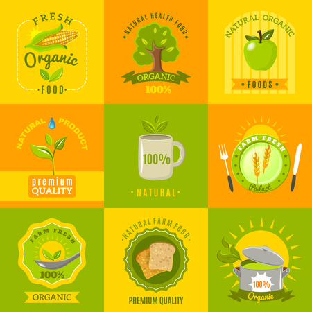 Natural food from ecologically grown crops and vegetables emblems flat icons set abstract isolated vector illustrationのイラスト素材