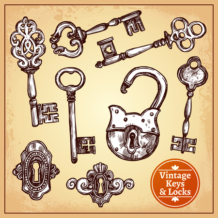 Vintage hand drawn locks keys and keyholes set isolated vector illustrationのイラスト素材