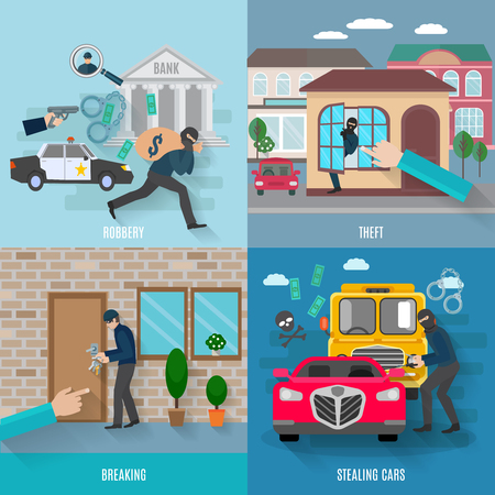 Stealing icons set with breaking robbery and stealing cars flat isolated vector illustrationのイラスト素材