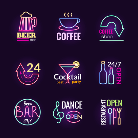Restaurant bar and dance club neon signs set isolated vector illustrationのイラスト素材