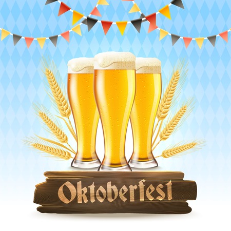 Oktoberfest poster with realistic lager glasses wheat and wooden signboard vector illustrationのイラスト素材
