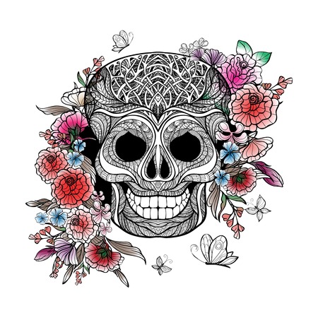 Day of the dead concept with sketch human skull and flowers vector illustrationのイラスト素材