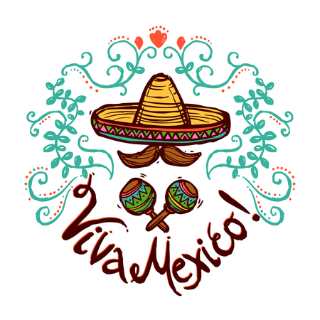 Mexico concept with sketch sombrero maracas and floral ornament vector illustrationのイラスト素材