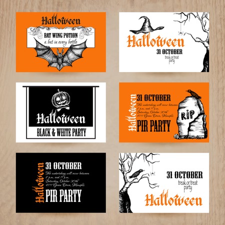 Halloween party invitation card set with holiday symbols hand drawn isolated vector illustrationのイラスト素材