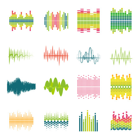 Audio equalizer sound wave profile flat icons set in various shapes and colors abstract isolated vector illustrationのイラスト素材