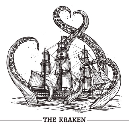 Giant octopus catches old style sail ship hand drawn vector illustrationのイラスト素材