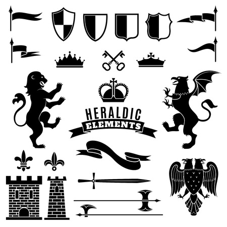 Heraldic elements black white set with crests and crowns flat isolated vector illustrationのイラスト素材
