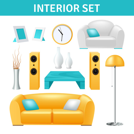 Modern interior realistic design set with sofa stereo system vase and table isolated vector illustrationのイラスト素材
