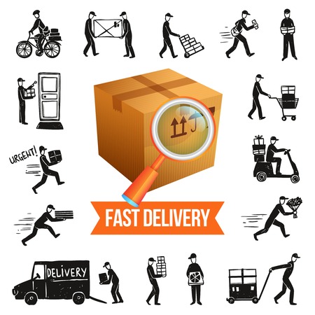 Fast delivery service concept with cardboard box and doodle courier silhouettes isolated vector illustrationのイラスト素材