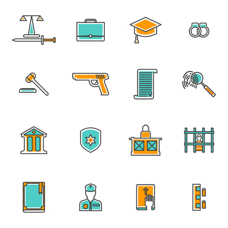 Judgement and law line icons set with court prison and criminal flat isolated vector illustrationのイラスト素材