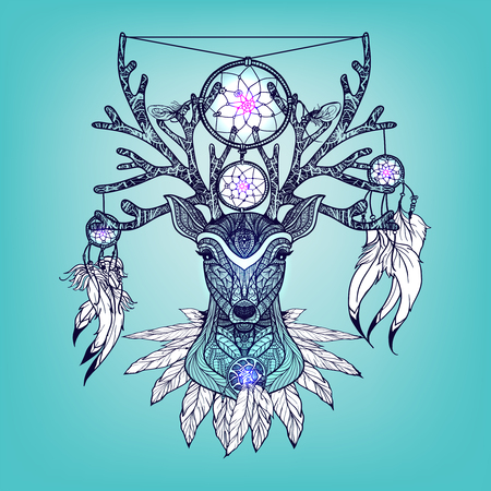 Indian deer head with tribal ritual decoration hand drawn vector illustrationのイラスト素材
