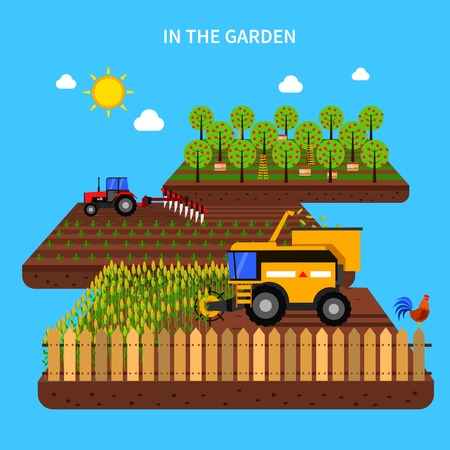 Agriculture concept with tractor harvest in the field flat vector illustrationのイラスト素材