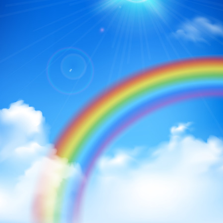 Rainbow and sun rays realistic background with clouds and blue sky vector illustrationのイラスト素材