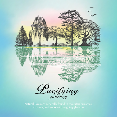 Winter forest border trees reflection on the surface of the frozen lake hand drawn abstract vector illustrationのイラスト素材