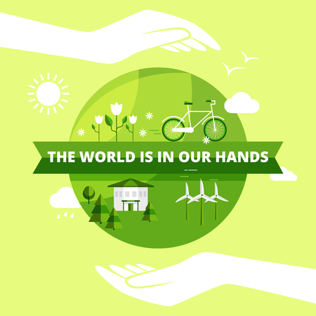 Ecology friendly design with world in hands sun and clouds flat vector illustrationのイラスト素材