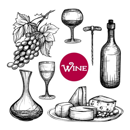 Hand drawn wine set with grape branch drink bottle cheese isolated vector illustrationのイラスト素材