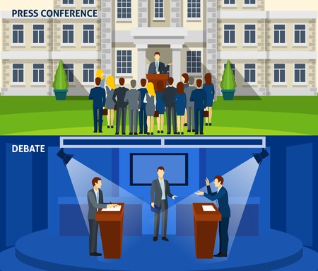 Political  party leader press conference and  presidential election debate 2 flat banners set abstract isolated vector illustration. Editable EPS and Render in JPG formatのイラスト素材