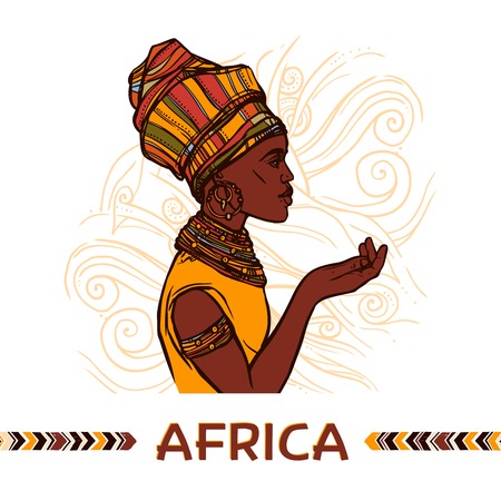 African woman sketch profile portrait on abstract ornamental background vector illustrationのイラスト素材