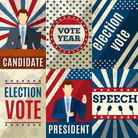 Vintage politics mini posters set with election candidates figures isolated vector illustrationのイラスト素材