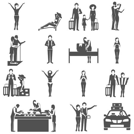 Travelling families and friends black icons set arriving with luggage in hotel tourists abstract isolated vector illustrationのイラスト素材