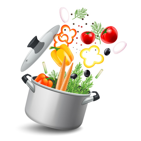 Casserole pot with vegetables such as carrots tomatoes and peppers realistic vector illustrationのイラスト素材