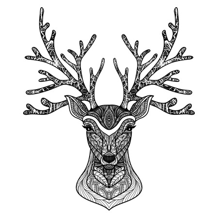 Wild deer hand drawn portrait with decorative ornament vector illustrationのイラスト素材