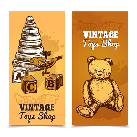 Retro toy vertical banner set with hand drawn pyramid blocks and teddy bear isolated vector illustrationのイラスト素材